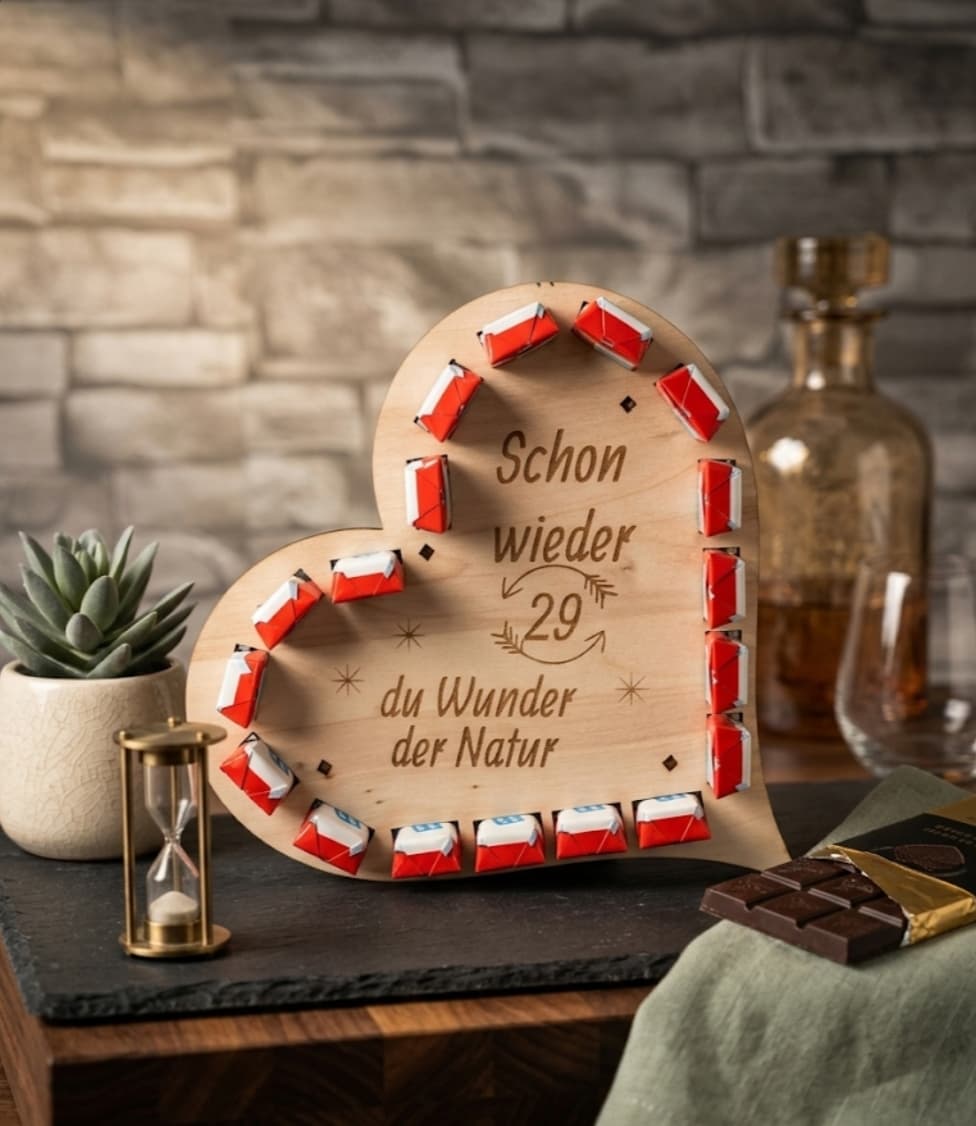 Personalisiertes Herz-Geschenk aus Holz mit Kinder-Schokolade und individueller Gravur