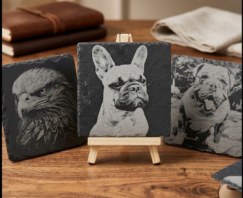 Drei Schieferplatten mit Fotogravuren: ein Adler, eine Französische Bulldogge und eine Bulldogge